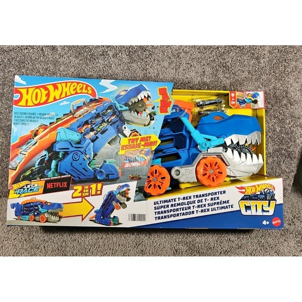 Hot Wheels City Toy Car Track Set, Ultimate T-Rex Transporter, Hauler Transforms